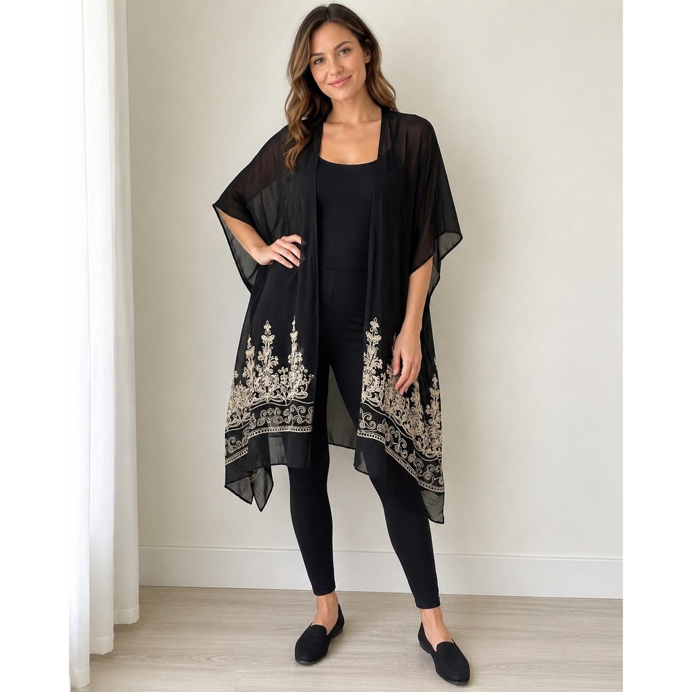 Jessica McClintock Kimono Wrap One Size Black Embroidered Sheer Boho Whimsigoth